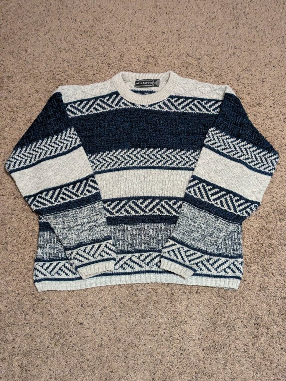 90s Vintage David Taylor Grandpa Sweater Blue White Geometric XL